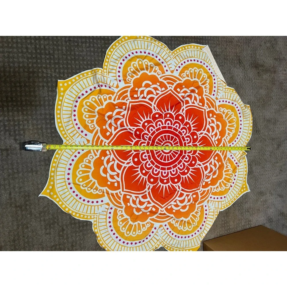 Orange Yellow Lotus Mandala Tapestry Round Scalloped Boho Wall Hanging 47 Inch